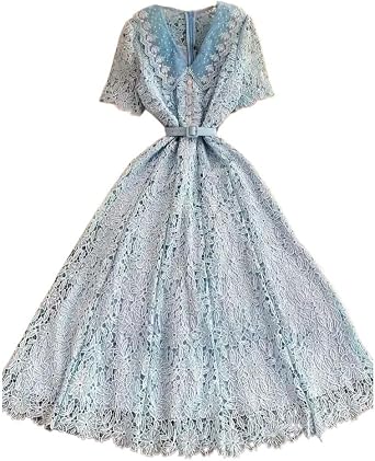 Evening Party Lace Dress Women Short Sleeve Flower Embroidery Long Summer Blue XS