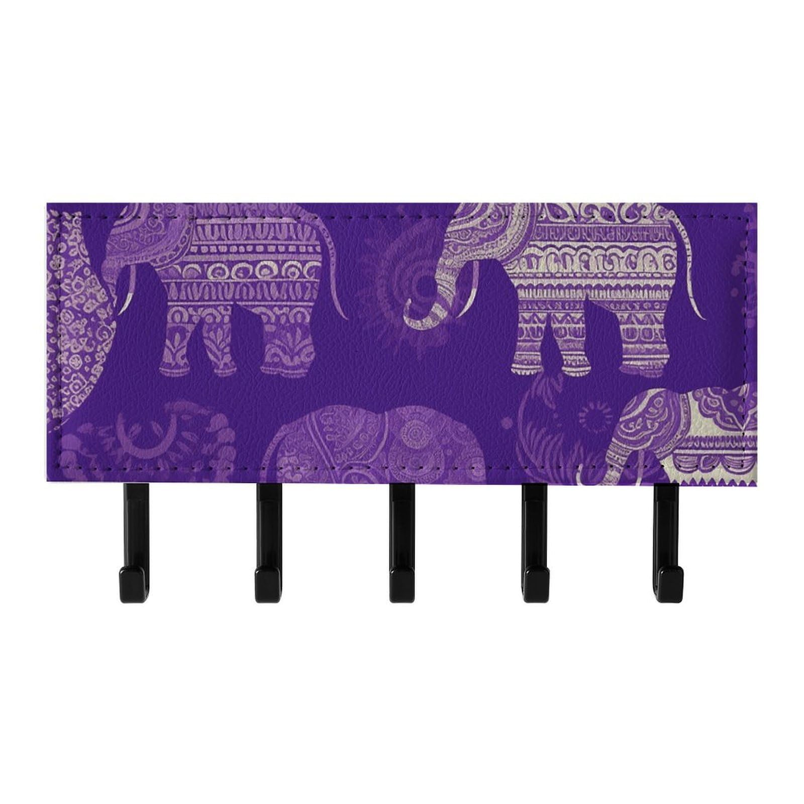 QMNLKH Purple Elephant Wall Mounted Key Rack for Home, No Drilling Key Holder with 5 Hooks, Self Adhesive Keys Chain Organizer for Hallway, Keys Hanger Shelf for Office, Doorway Black