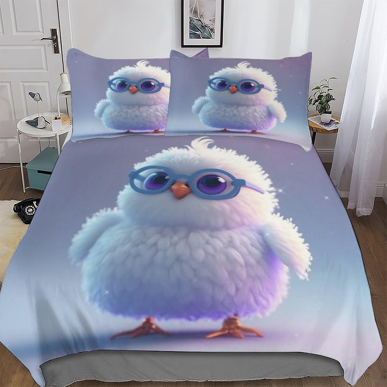 Housse de couette poulet mignon grand lit king size parure de lit 3 pièces microfibre lavable