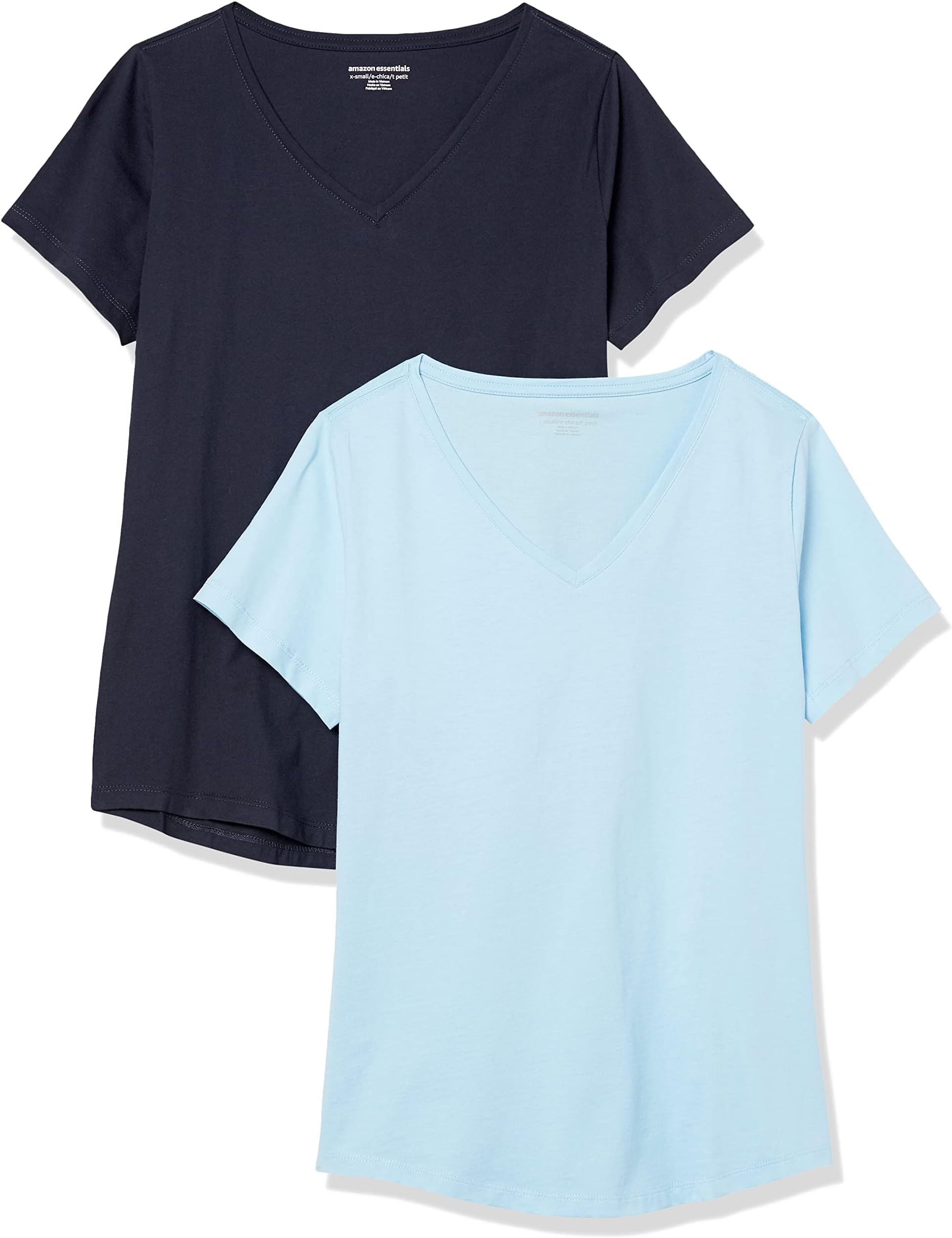 Amazon Essentials Women's Classic-Fit 100% Cotton Short-Sleeve V-Neck T-Shirt (Available in Plus Size), Pack of 2