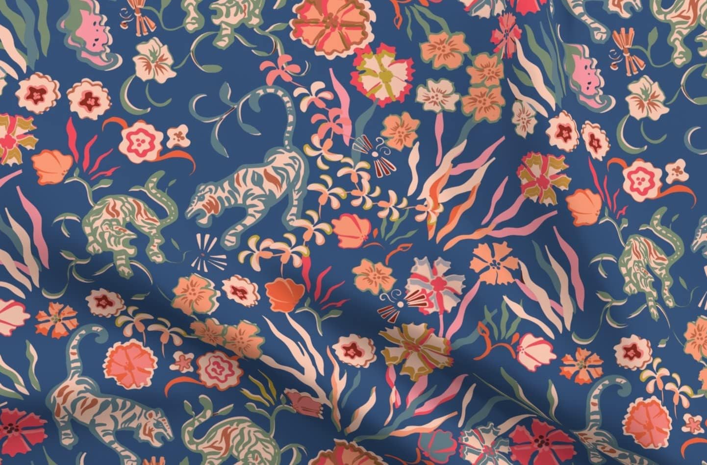 Spoonflower Fabric - Maximalist Tigers Modern Chinoiserie Boho Glam Blue Orange Year of The Printed on Petal Signature Cotton Fabric Fat Quarter - Sewing Quilting Apparel Crafts Decor