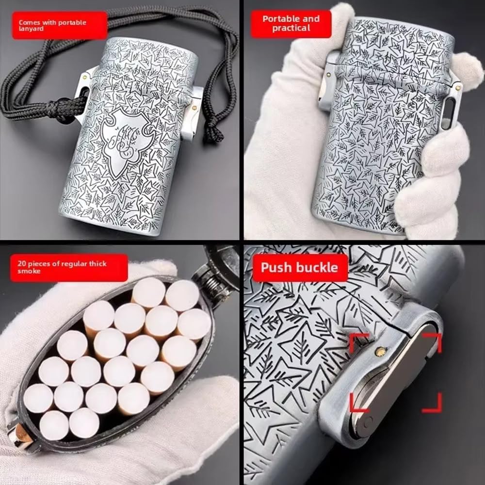 Retro European Cigarette Case with Three Capacity (20, 30 and 40 Cigarettes), Embossed Maple Leaf Design, Sealed and Moisture-Proof, with Portable Cord, Unisex, Silver