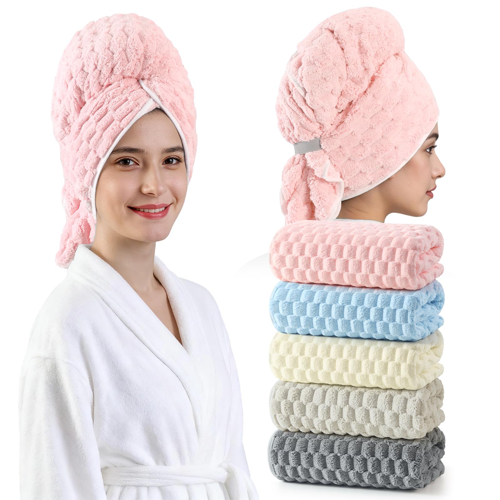 REDKISS 5 Pack Extra Large Hair Towels - Microfiber Oversized Hair Towel Wrap for Women, 23 x 47 inches Hair Towels with Elastic Strap, Super Soft Hair Drying Towels for Long, Thick, Curly Turbans