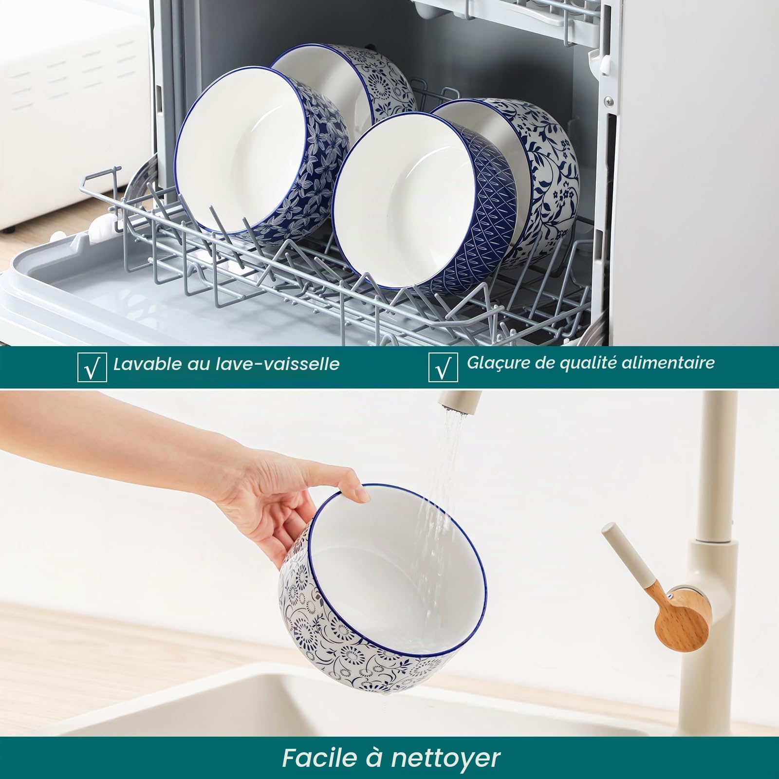 vancasso SELENE - Lot de 4 Boite Repas en Céramique 1080ml, Boîtes de Conservation Alimentaire, Boite Hermétiques pour Céréales, Salade, Soupe, Ramen, Micro-ondes et Congélation - Bleu et Blanc