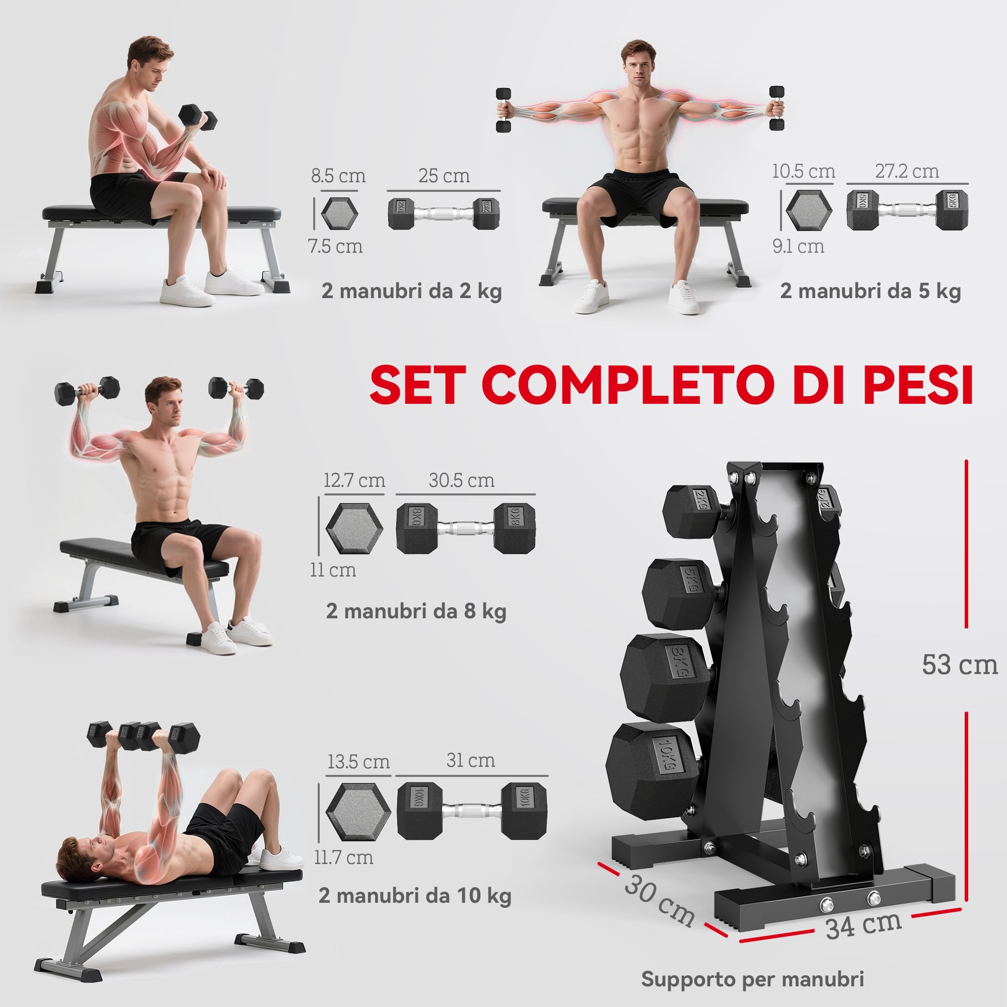 SPORTNOW Set di Manubri da Palestra con Supporto 2x2kg Esagonali Nero | 2x5kg, 2x8kg, 2x10kg, Manubri per Palestra, Ghisa e Gomma, Impugnatura Antiscivolo, Allenamento Fitness Casa