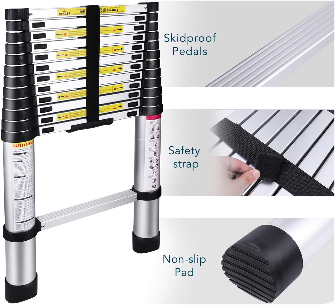 Promo 40% OFF Gimify Telescoping Telescopic Extension Ladder 10.5 FT Aluminum Alloy Extendable Lightweight Ladder Steps Safety for Roofing Business, Household Use, RV Outdoor Work, 330 lbs Capacity