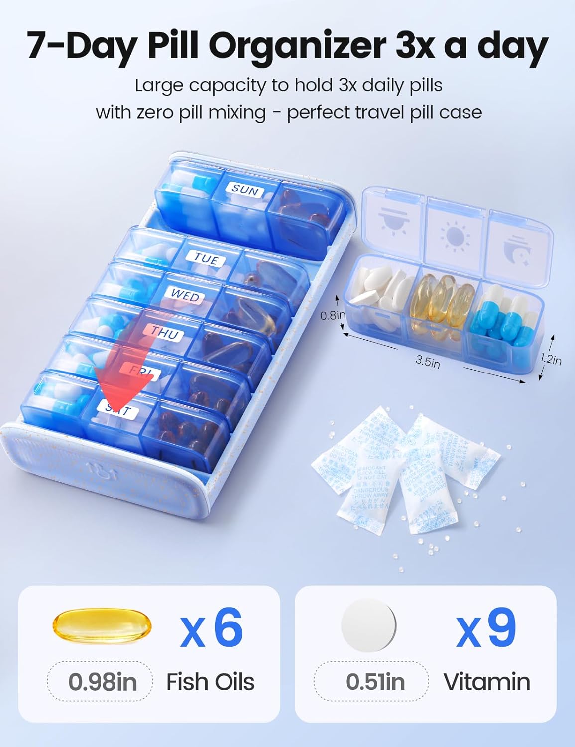 Vaydeer Metal Pill Organizer 3 Times a Day, Weekly Pill Box with Built-in Desiccant Compartment, Airtight 7 Day Travel Pill Case for Medication, Vitamins & Supplements (Black)
