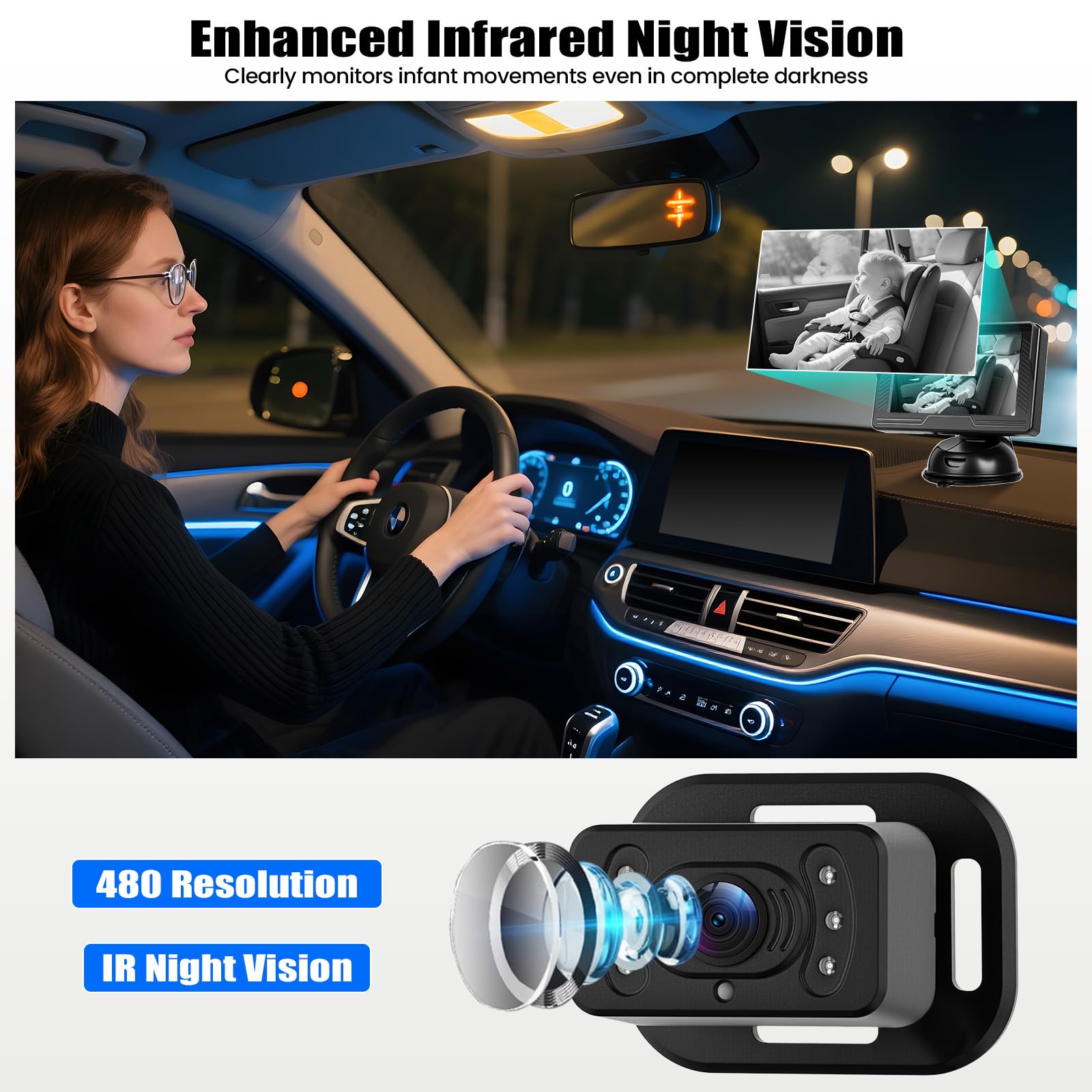 CAMECHO Baby Monitor con Poggiatesta e Schermo IPS da 4,3", HD 480P, Visione Notturna e Obiettivo Grandangolare – per la Sicurezza sul Sedile Posteriore dell'Auto