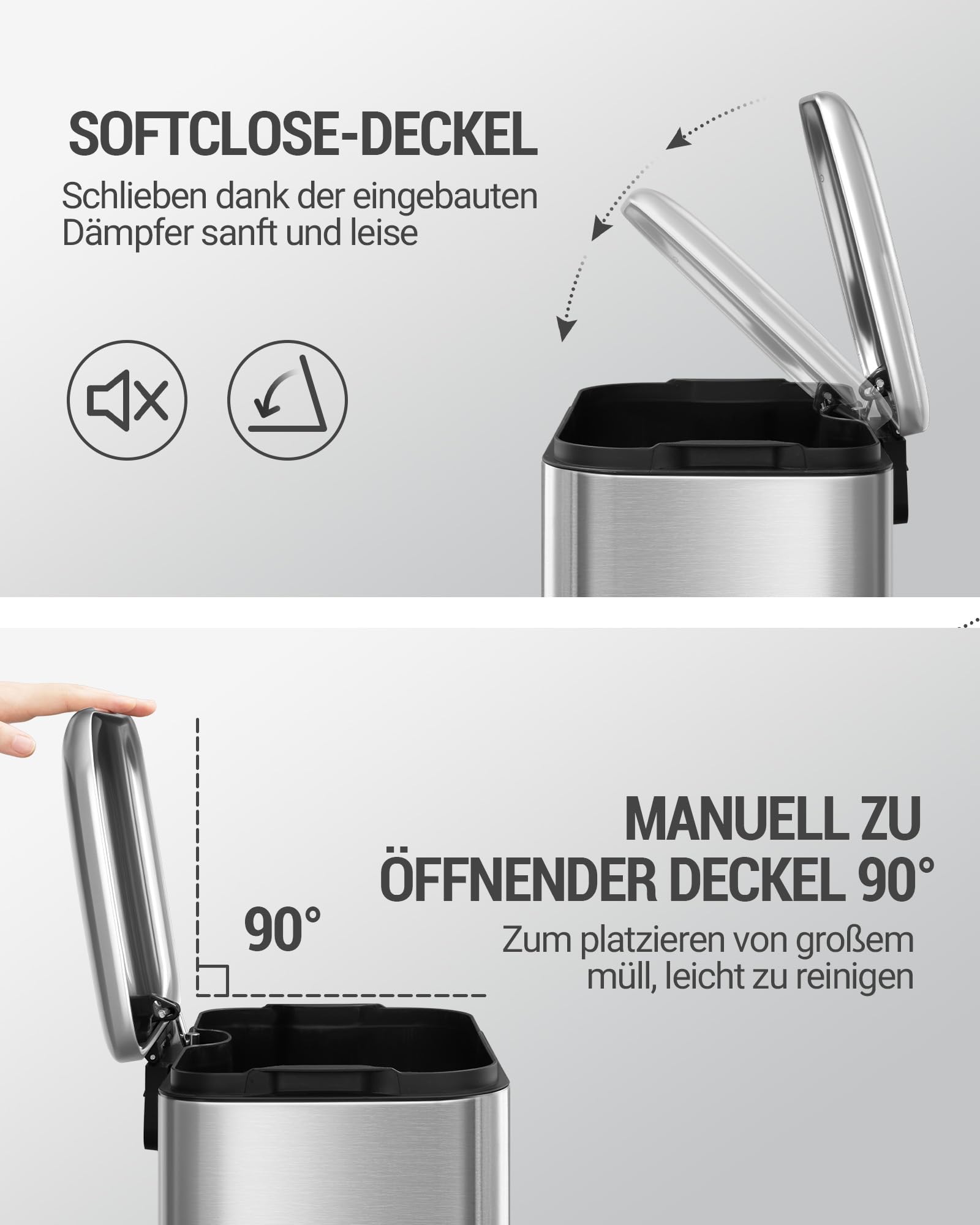Hzuaneri Mülleimer Küche, 30L Abfalleimer mit Tretpedal, Tretmülleimer mit Softclose-Deckel und Inneneimer, Küchenmülleimer mit 15 Müllbeuteln, Stahl, Silber SW13099B