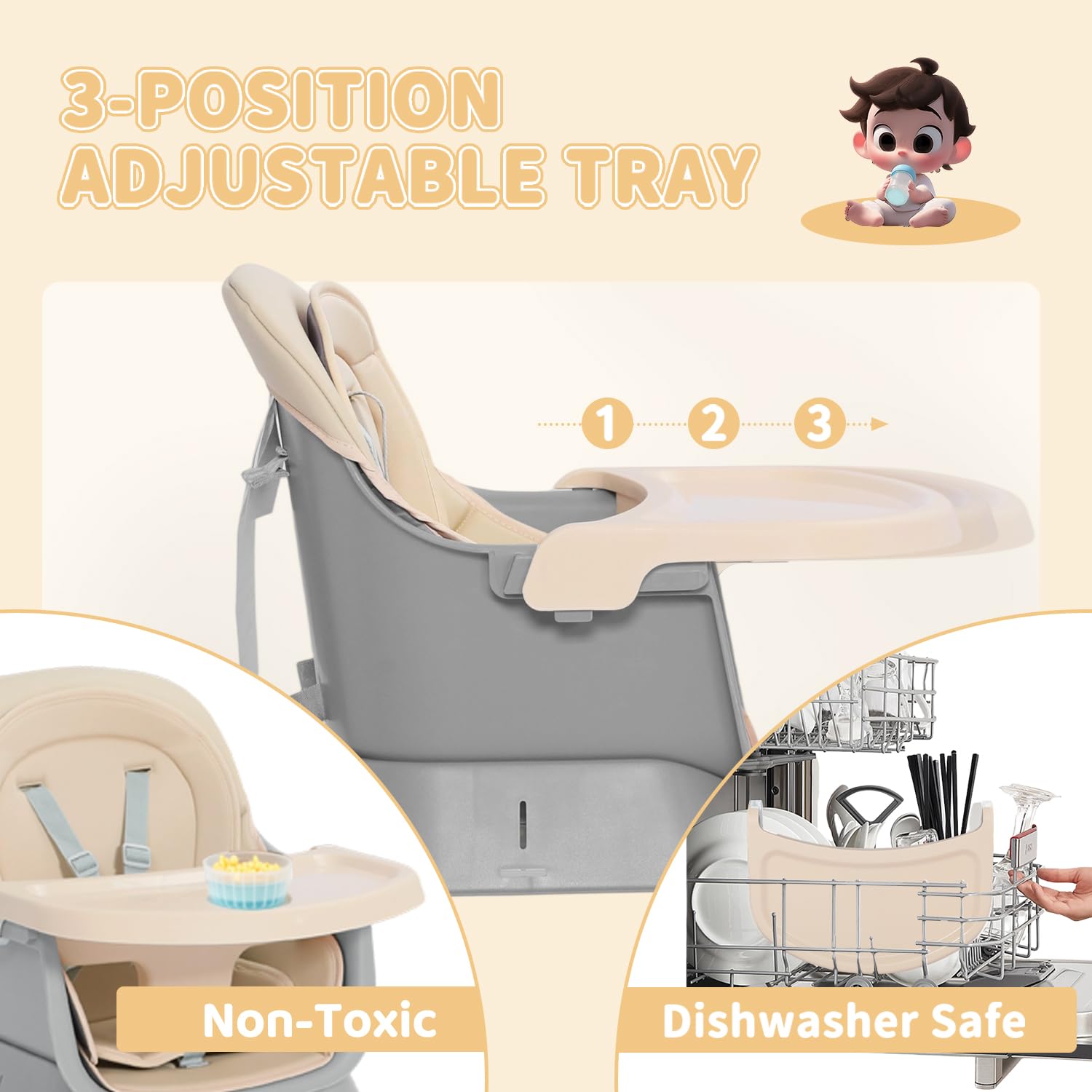 Kinder King 8 in 1 Baby High Chair, Coverts to Dining Booster Seat/Kids Table & Chair Set/Toddler Building Block Table/Kids Stool, Removable Tray & Double Seat Cover, Easy to Wipe, Grey & Coffee