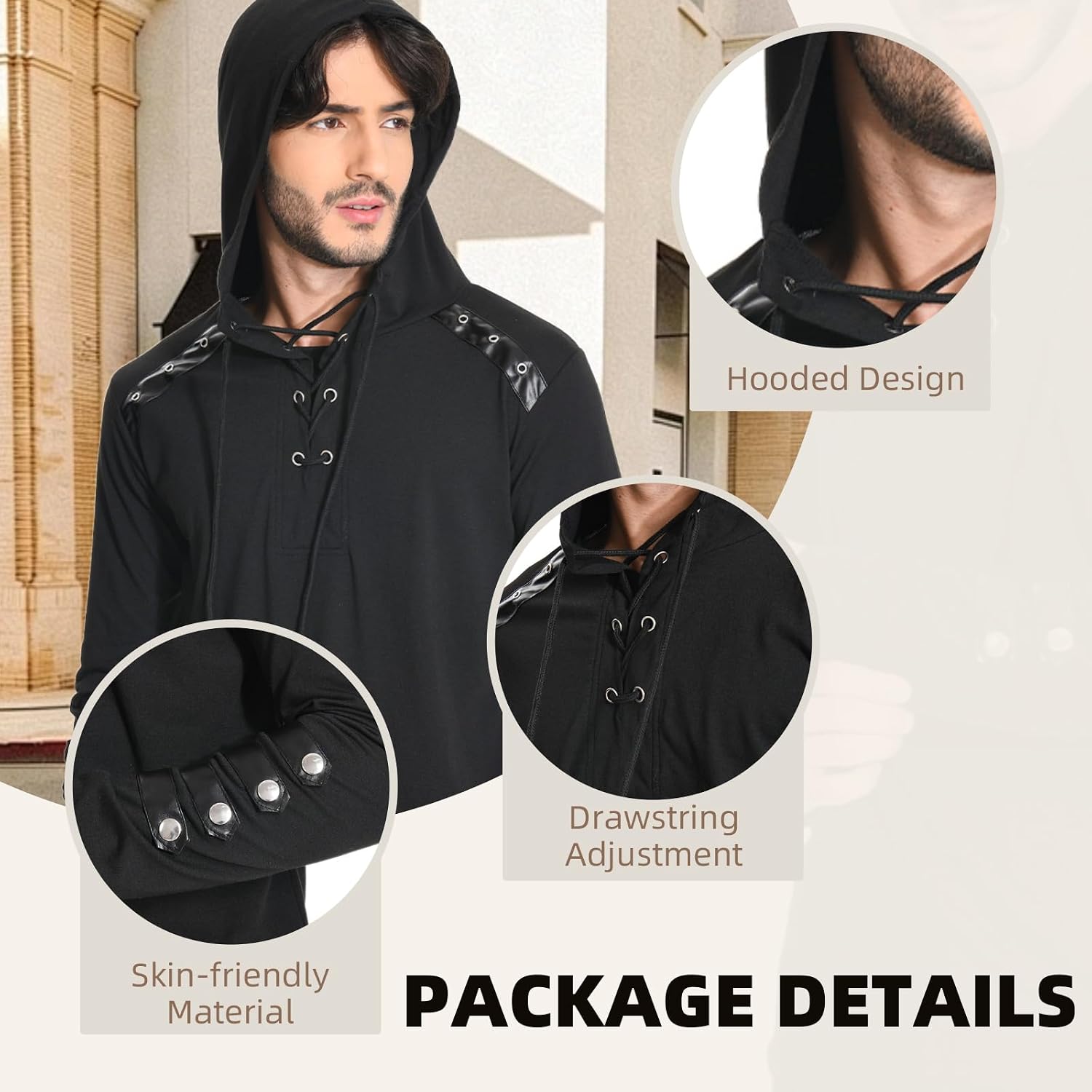 Coser Park Adults Medieval Gothic Steampunk Hoodie Shirt Mens Victorian Retro Lace Up Pullover Sweatshirt Long Sleeve