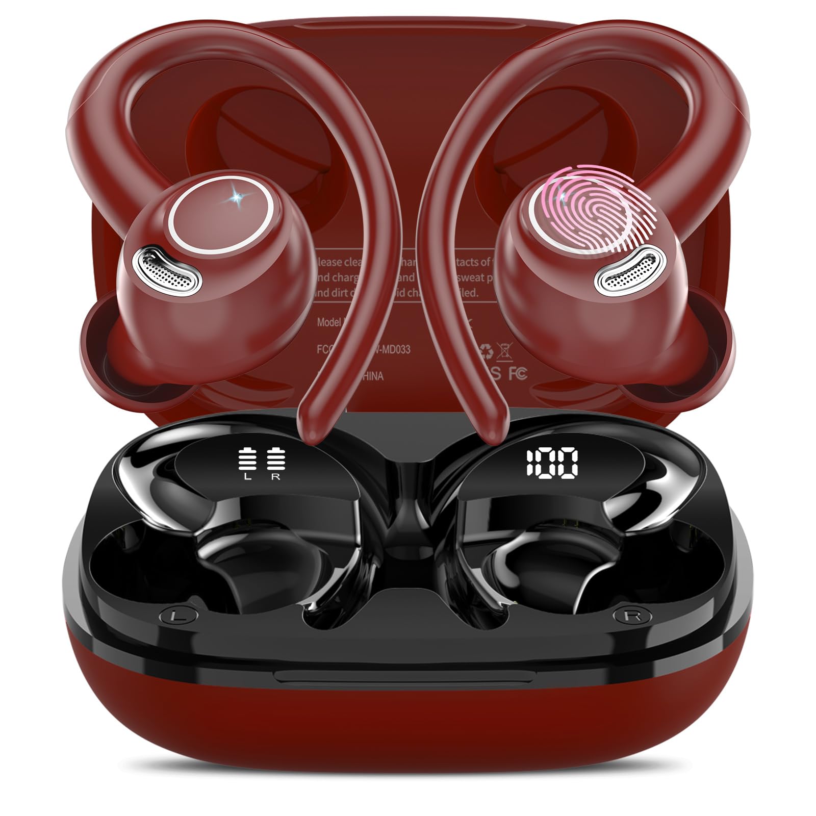 Wireless Earbuds Bluetooth 5.3 Headphones Sport, 2024 Wireless Earphones with Earhooks, HiFi Stereo Deep Bass with ENC Mic, 40H Dual LED Display, IPX7 Waterproof Ear Bud for Small Ear Running/Workout