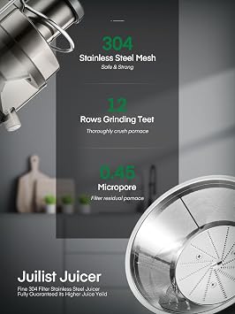 Juicer Machines, Juilist Centrifugal Juicers Whole Fruit and Vegetables 400W, Large 3” Feed Chute Juice Extractor Machine, 3 Speed Control, Cleaning Brush and Recipe Included, Silver