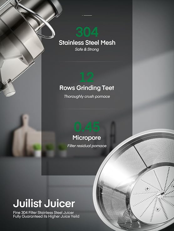 Juicer Machines, Juilist Centrifugal Juicers Whole Fruit and Vegetables 400W, Large 3” Feed Chute Juice Extractor Machine, 3 Speed Control, Cleaning Brush and Recipe Included, Silver