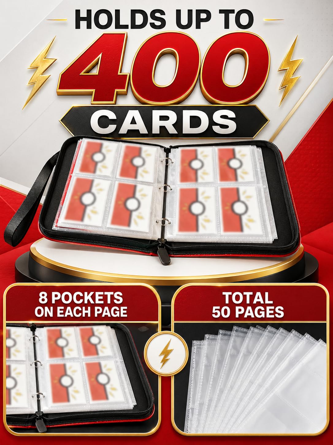 Carpeta de tarjetas coleccionables para niños, 400 tarjetas de capacidad, con cremallera, correa portátil, 8 páginas de doble cara para MTG Yu-Gi-Oh, colección de tarjetas de béisbol, regalos de