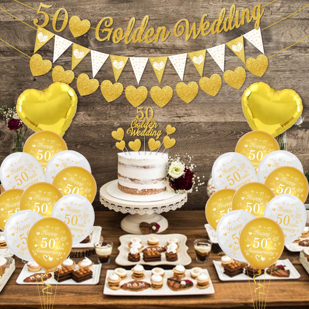 Décorations De Mariage Dorées, Décorations Du 50e Anniversaire - Bannière "HAPPY 50", Ballons En Aluminium Numérotés Et Ballon En Latex, Confettis Numéro 50 Dorés, Décoration De Gâteau (Gold