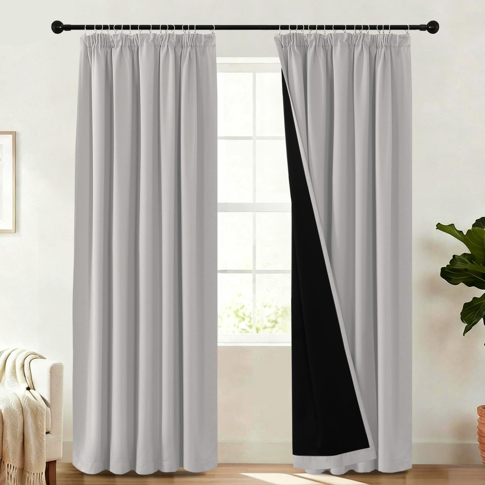BellaHills 100% Blackout Curtains for Bedroom Thermal Insulated Curtains & Drapes for Living Room Black out Window Curtain with Hooks Pencil Pleat Back Tab Rod Pocket 2 Panels, W90 X L90, Pumice Stone