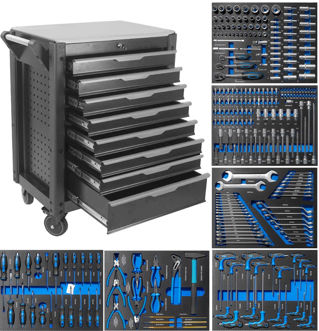 JOMAFA Carro de Taller 8 cajones con Herramienta y Bandeja de Acero Inoxidable, 6 MODULOS EVA Azul