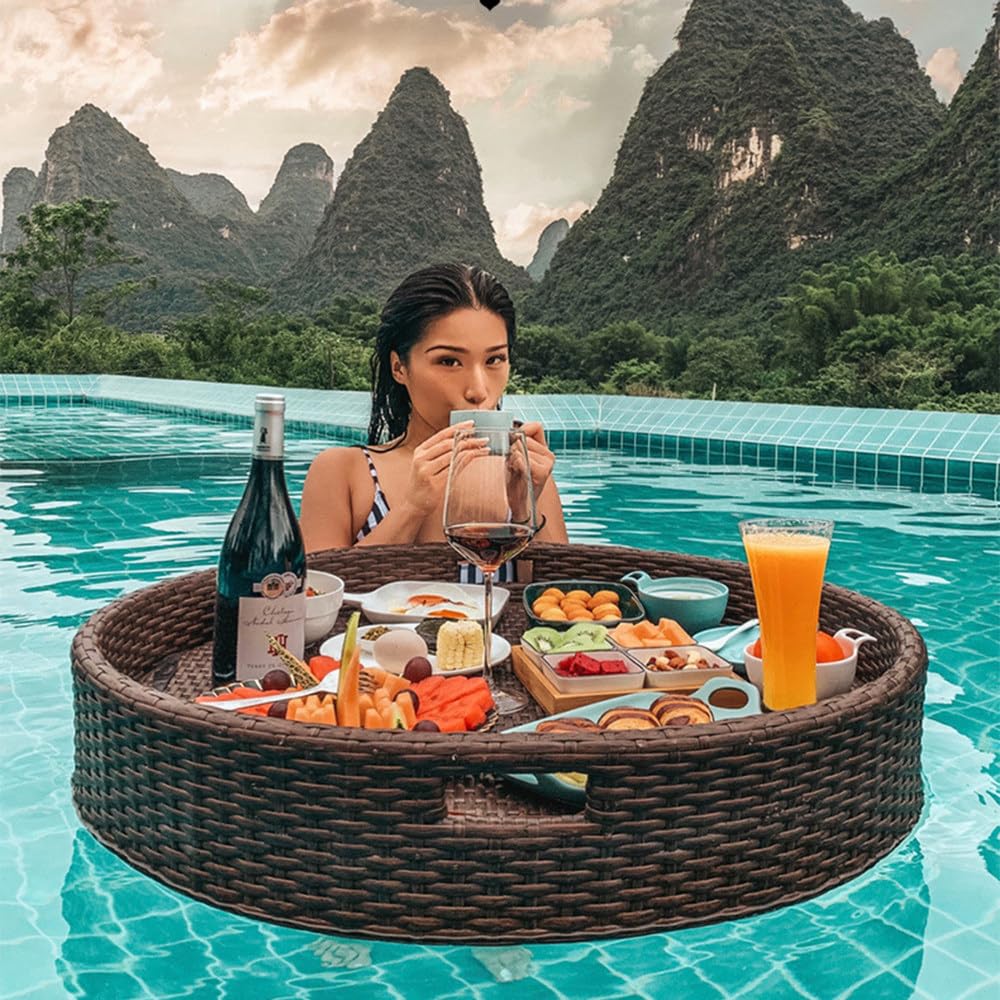 Swimming Pool Floating Breakfast Tray, Luxury Floating Tray, Hotel Water Rattan Basket, Open-Air Afternoon Tea Dinner Plate For Breakfast Tea Tray Party Wedding Photography,Brown-60