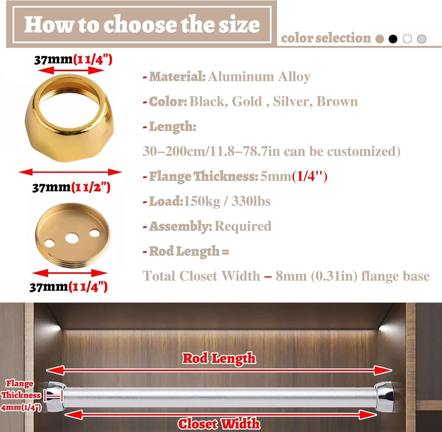 Brown Closet Rod for Hanging Clothes, 55cm Clothes Hanger Pole Stand with Screws & Flange, Durable Garment Organizer Rack for Wardrobe & Laundry Room