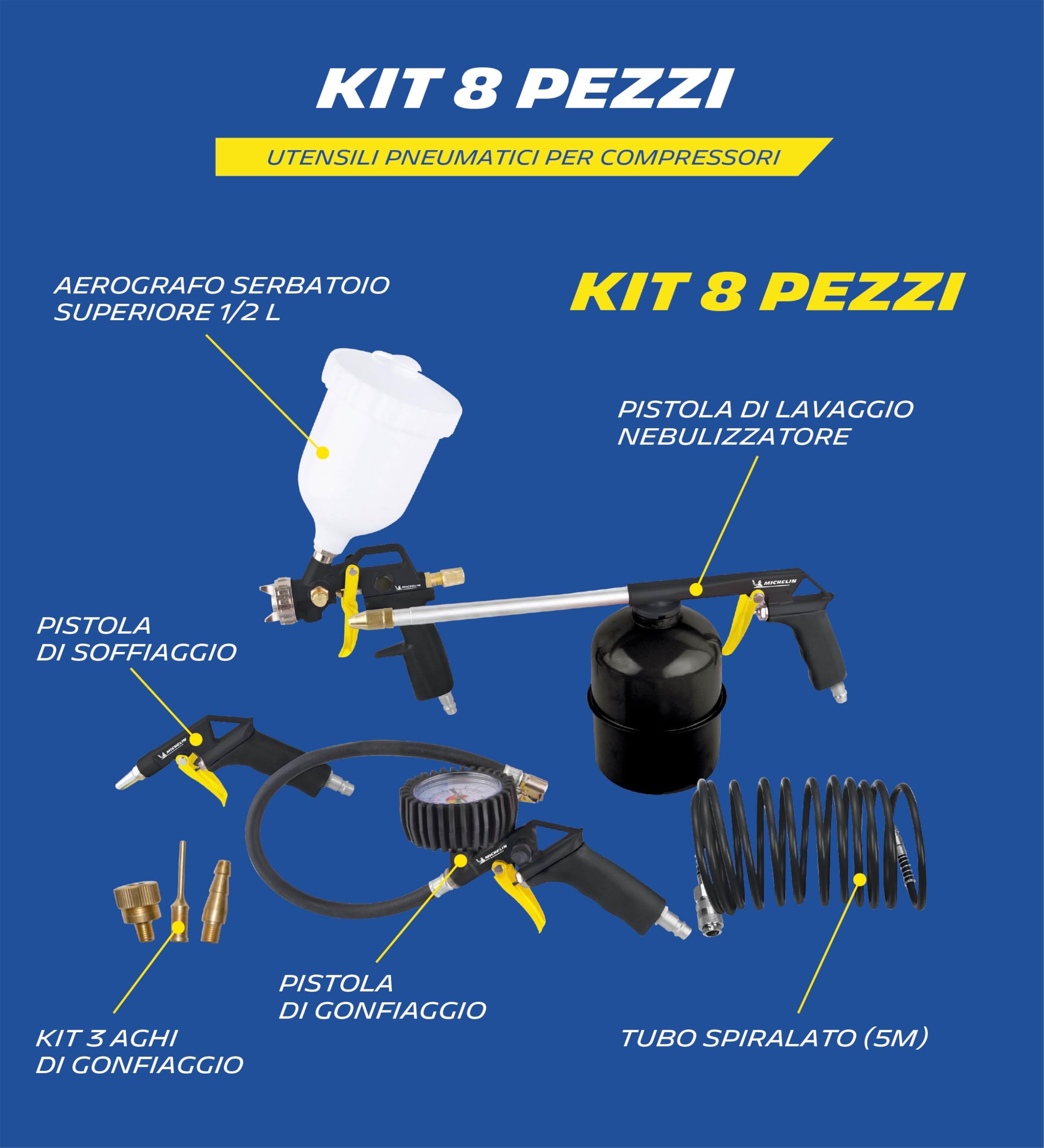 MICHELIN, Kit Accessori per Compressore 8 Pezzi (Include Tubo a Spirale 5m Completo di Attacchi Rapidi, Pistola di Gonfiaggio, Pistola di Soffiaggio, Aerografo a Gravità, Pistola di Lavaggio, 3 Ugelli