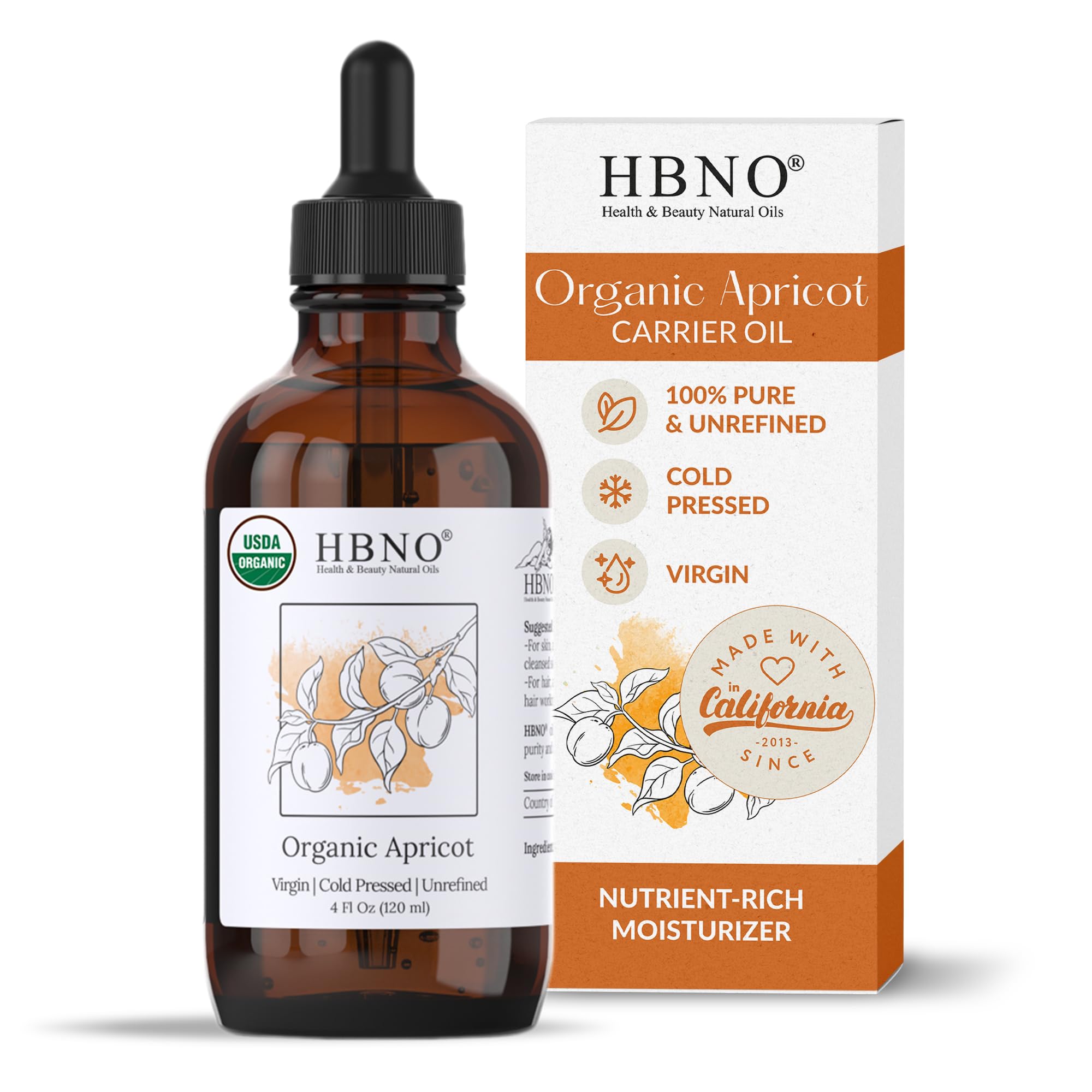 HBNO Organic Virgin Apricot Oil - 4 oz (120ml) Value Size - Ideal for Shampoos, Conditioners, Lip Balms, Face wash, Lotions, and Skin Care Products.