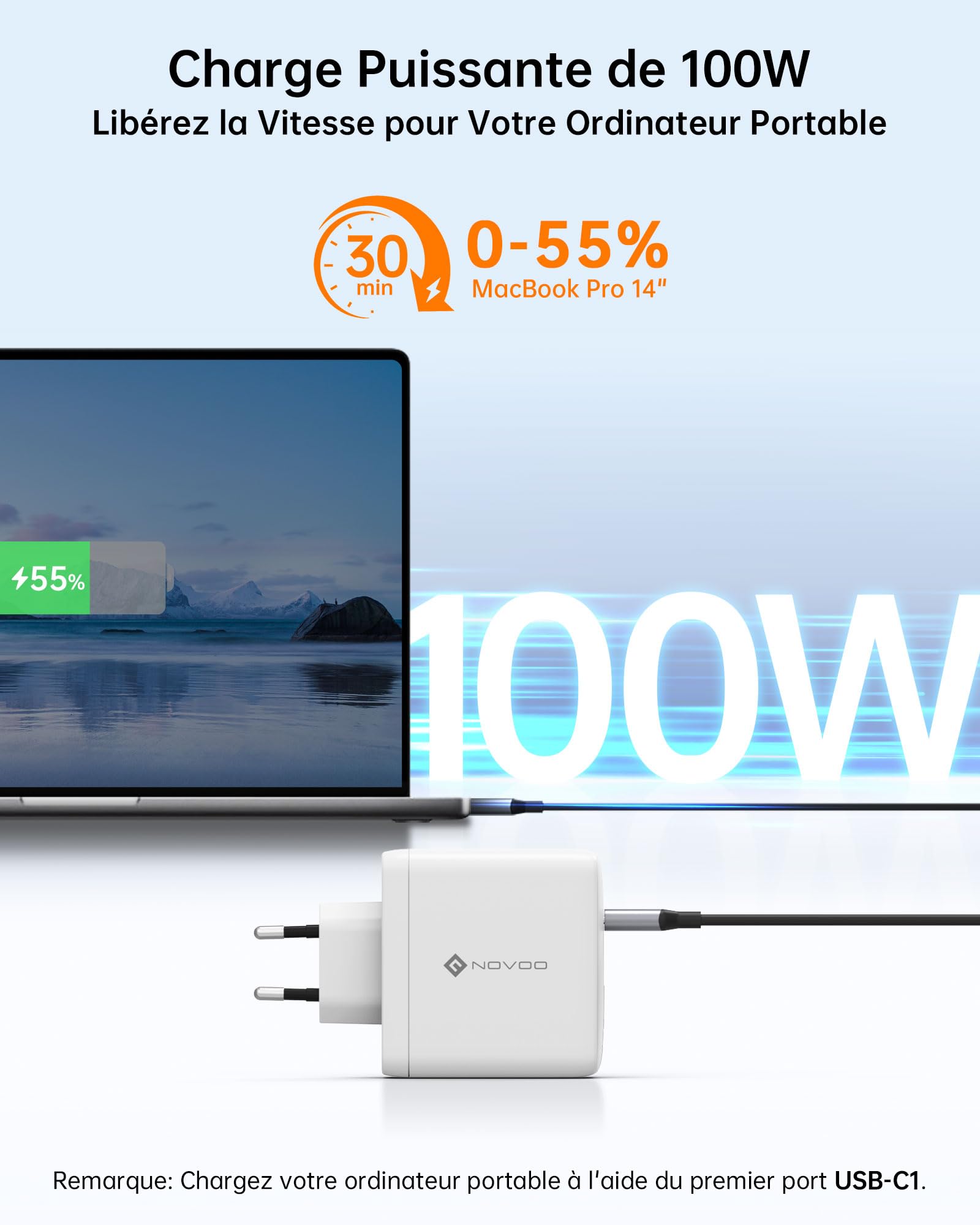 NOVOO GaN III Szybka ładowarka USB-C 120 W, kompaktowa 3-portowa uniwersalna ładowarka PPS z 1 kablem PD 100 W typu C, do MacBook Pro 14'', Dell XPS 13, iPad Pro, iPhone 15, Galaxy S23, Note20, Apple
