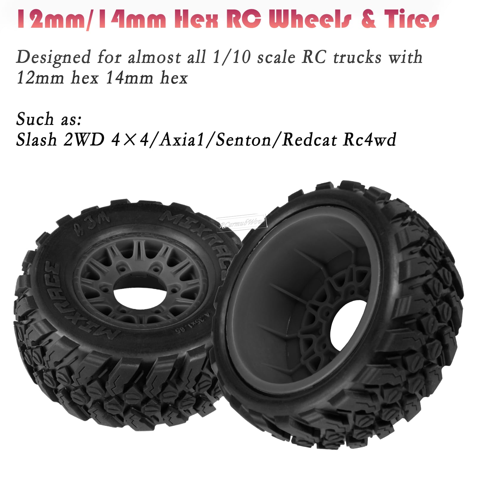 RcarmumbWow RC 12mm/14mm Hex RC Wheels and Tires for 1/10 Slash 2WD 4×4 4wd,Senton Axia1 Redcat Rc4wd,Rc Truck Tires Snow Tires Desert Tires,4PCS,Black