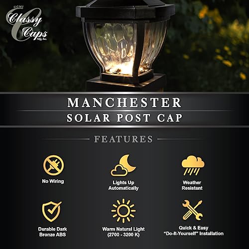 Miniatura 7 de Classy Caps Manchester - Tapa solar para poste, modelo SL994, 3.5 x 3.5 pulgadas, bronce oscuro, alto rendimiento, eficiencia energética, resistente