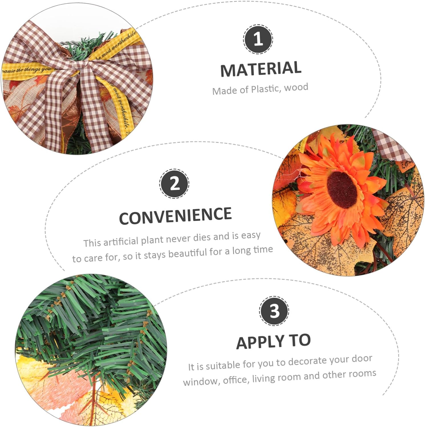 Thanksgiving Fall Swag Wreath Decor Rustic Maple Leaves and Sunflower Ribbon Hanging Wall Ornament Home Decoration Without Light