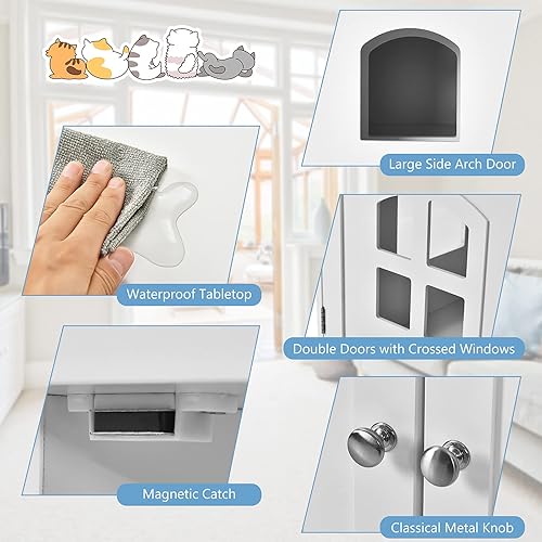 Miniatura 8 de Tangkula Caja de arena para gatos, mesita de noche para gatos con puertas dobles y ventanas, banco de almacenamiento para baño, casa decorativa para