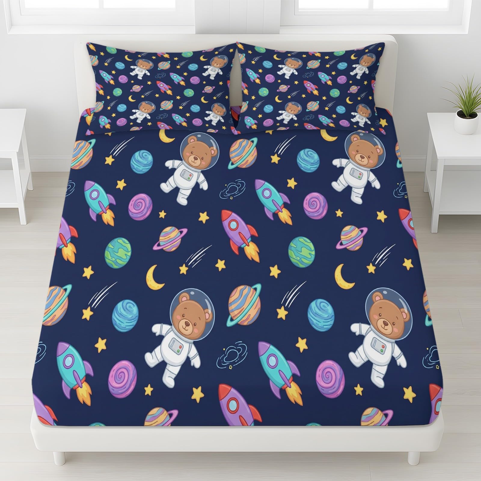 Space pojedyncze prześcieradło z gumką, 90 x 190 cm, kreskówkowa planeta, rakieta, z głęboką kieszenią, głębokość 30 cm, zestaw pościeli z miękkiej mikrofibry, łatwe w pielęgnacji