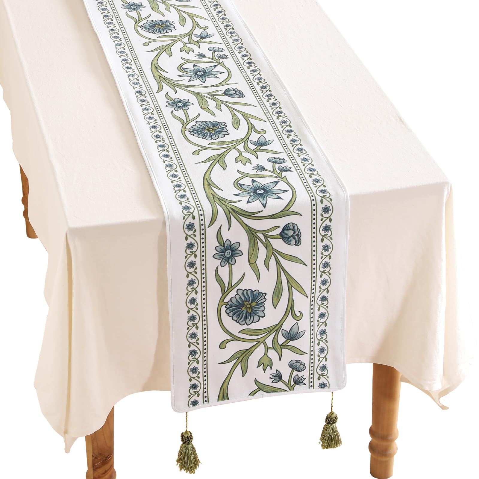 ISAENNE Designer Elegant Linen Table Runner 102 Inches Long,Vintage Blue Floral Pattern Decor Table Runners for Dining Tables,Kitchen Tables,
