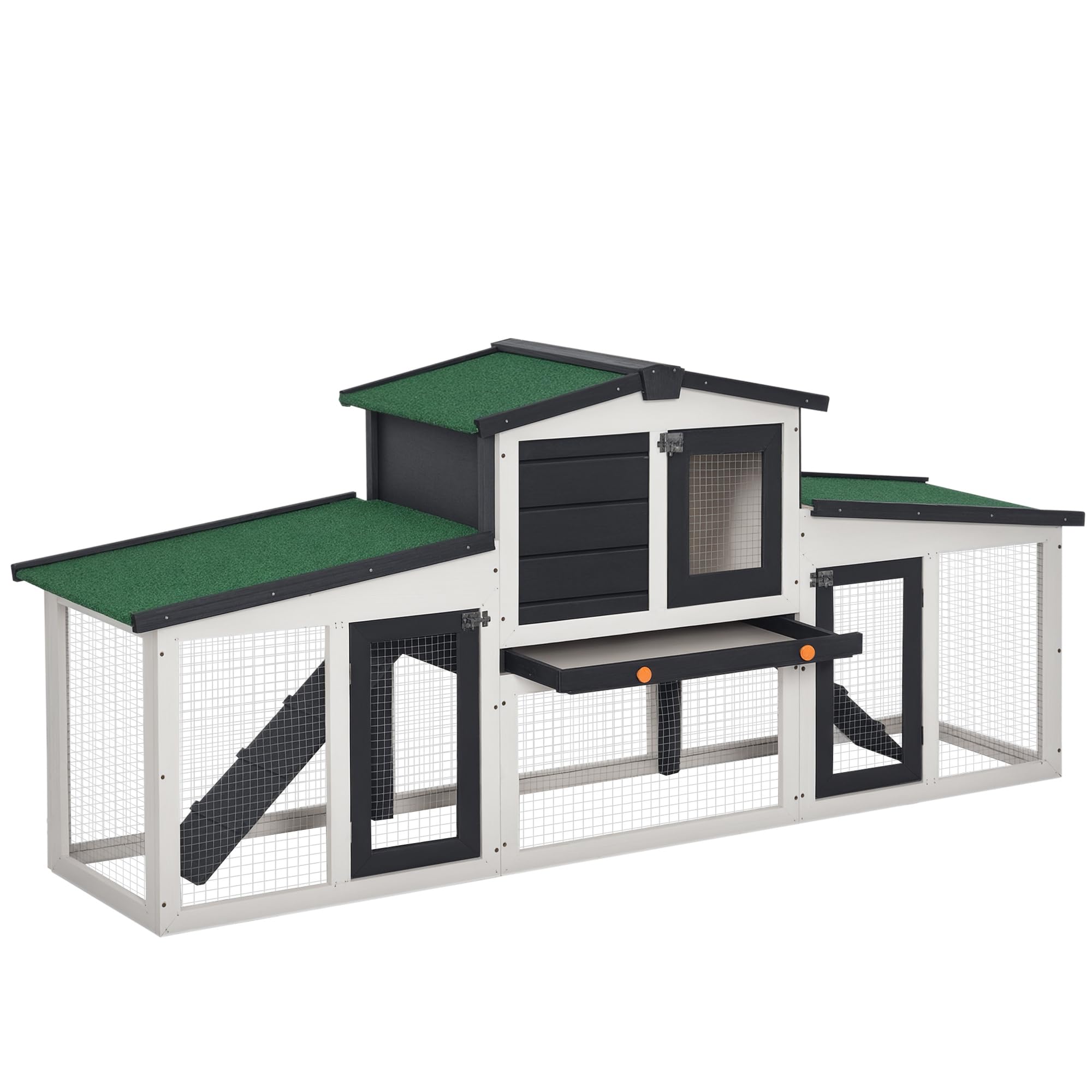 PawHut Conejera de Madera Jaula para Conejos con Techo Abatible Escalera y Bandeja Extraíble Conejera para Exterior 197x49x86 cm Gris