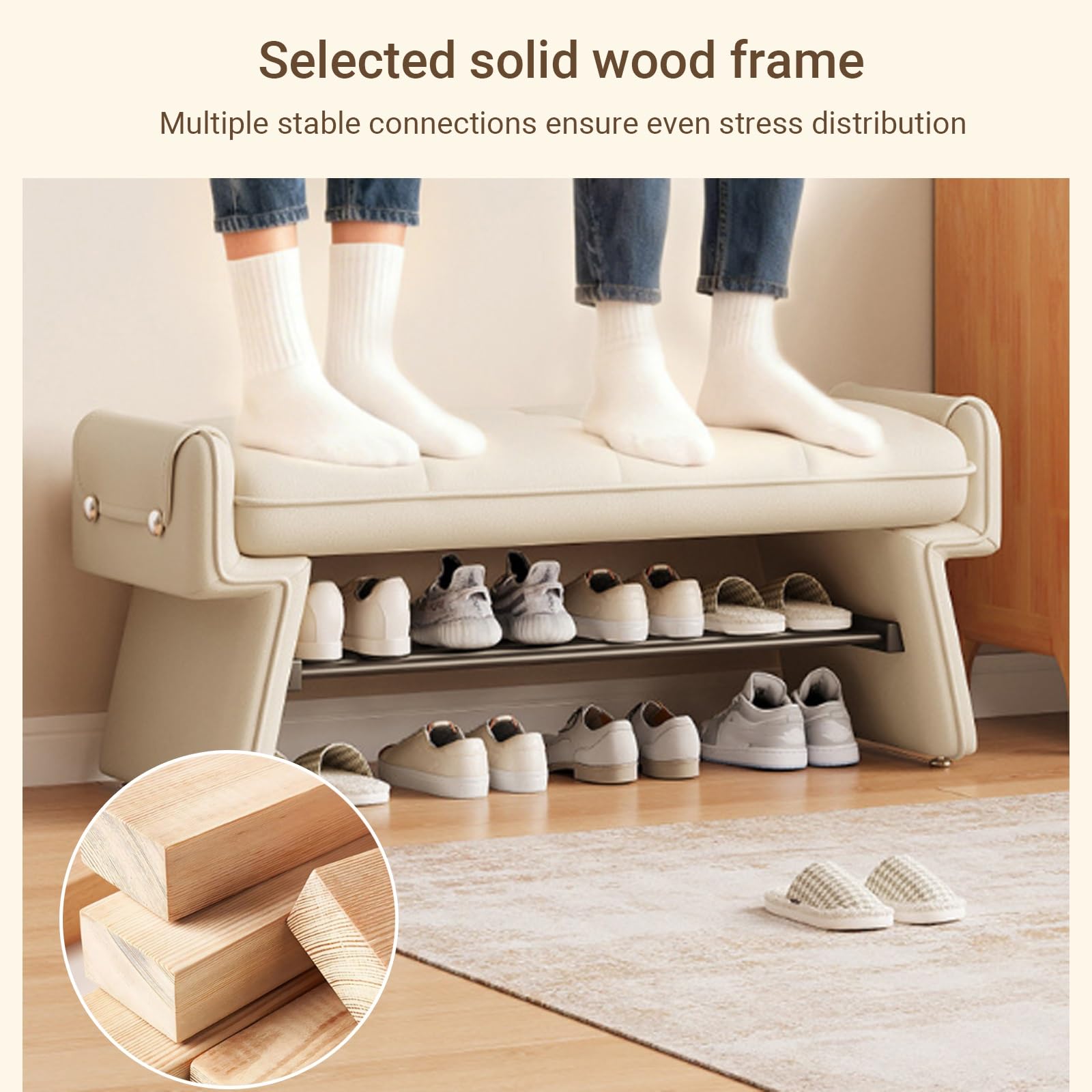 Moderne Leder-Polsterbank für Eingangsbereich, robustes Massivholz, Schuhwechsel, verdickte Rohre für Schlafzimmer und Flur, Braun, 103 x 30 cm / 40.6x11.8in