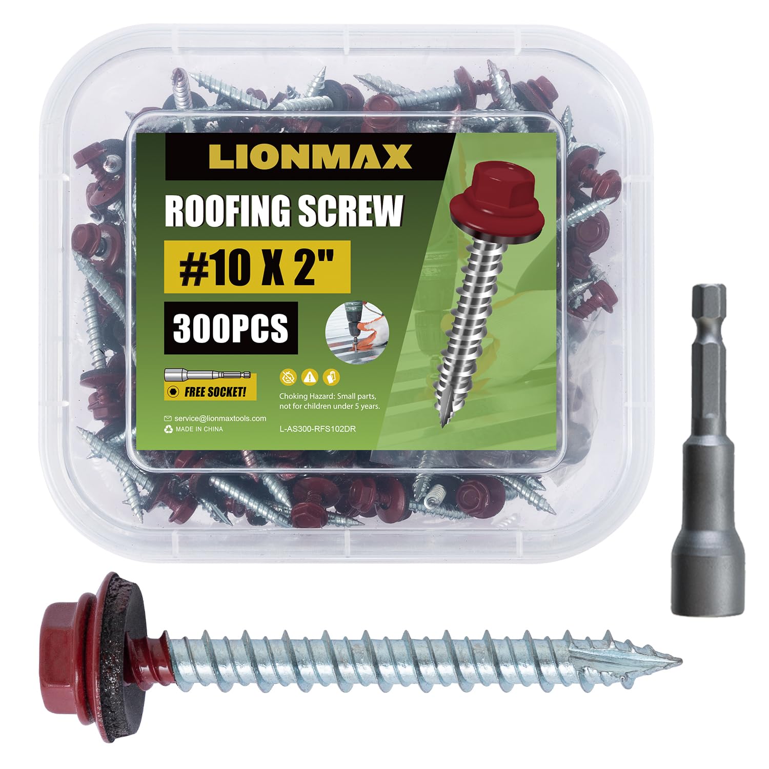 LIONMAX Metal Roofing Screws #10  2 Inch, 300-PCS, Dark Red Painted Hex Head Sheet Metal Roof Screws, Rubber Washer, Sharp Point, Metal to Wood Siding Screws, Hex Socket Included