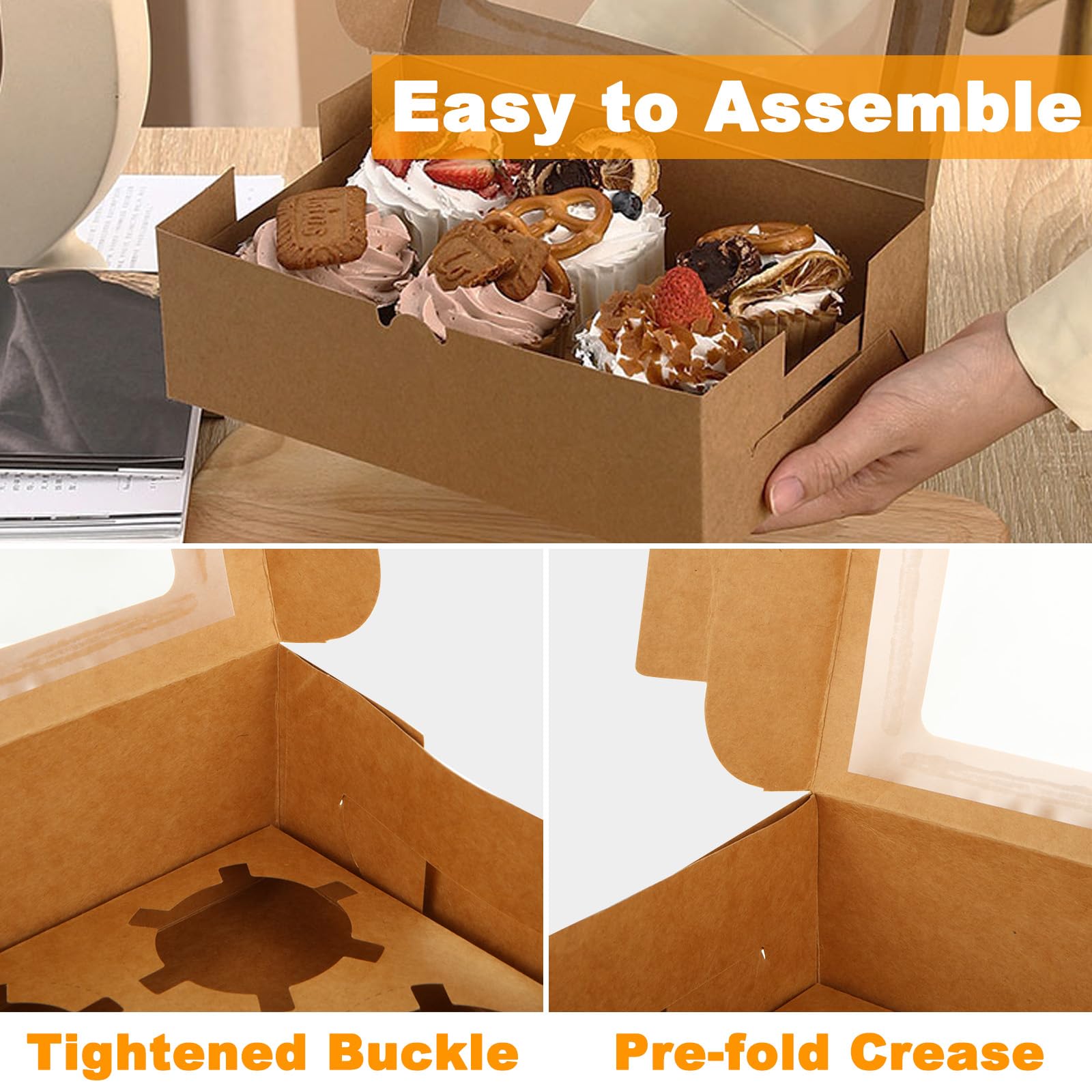 50 cajas para cupcakes de 6 agujeros, 24 x 16 x 7,5 cm, cajas para tartas con 2 rollos de cinta dorada champán de 22 m, cajas de panadería con ventana e inserción, contenedor para magdalenas de