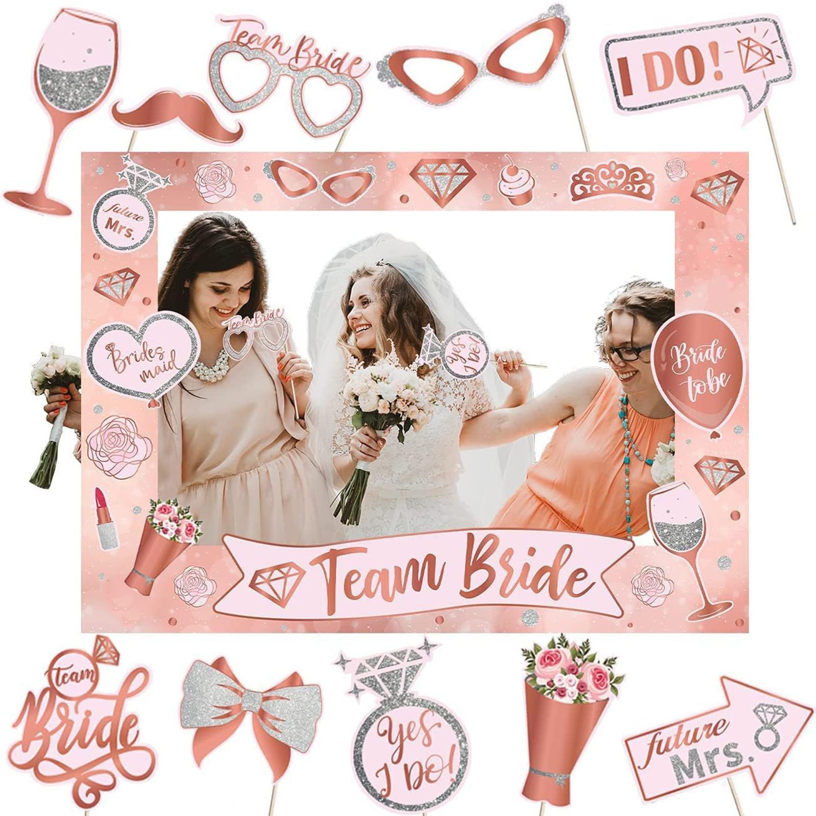 Azonee Party Photo Booth Props, 25 Pcs Rose Gold Team Bride and Groom Selfie Props with Paper Photo Frame, Perfect for Wedding, Engagement, Bridal Shower, Bachelorette Party