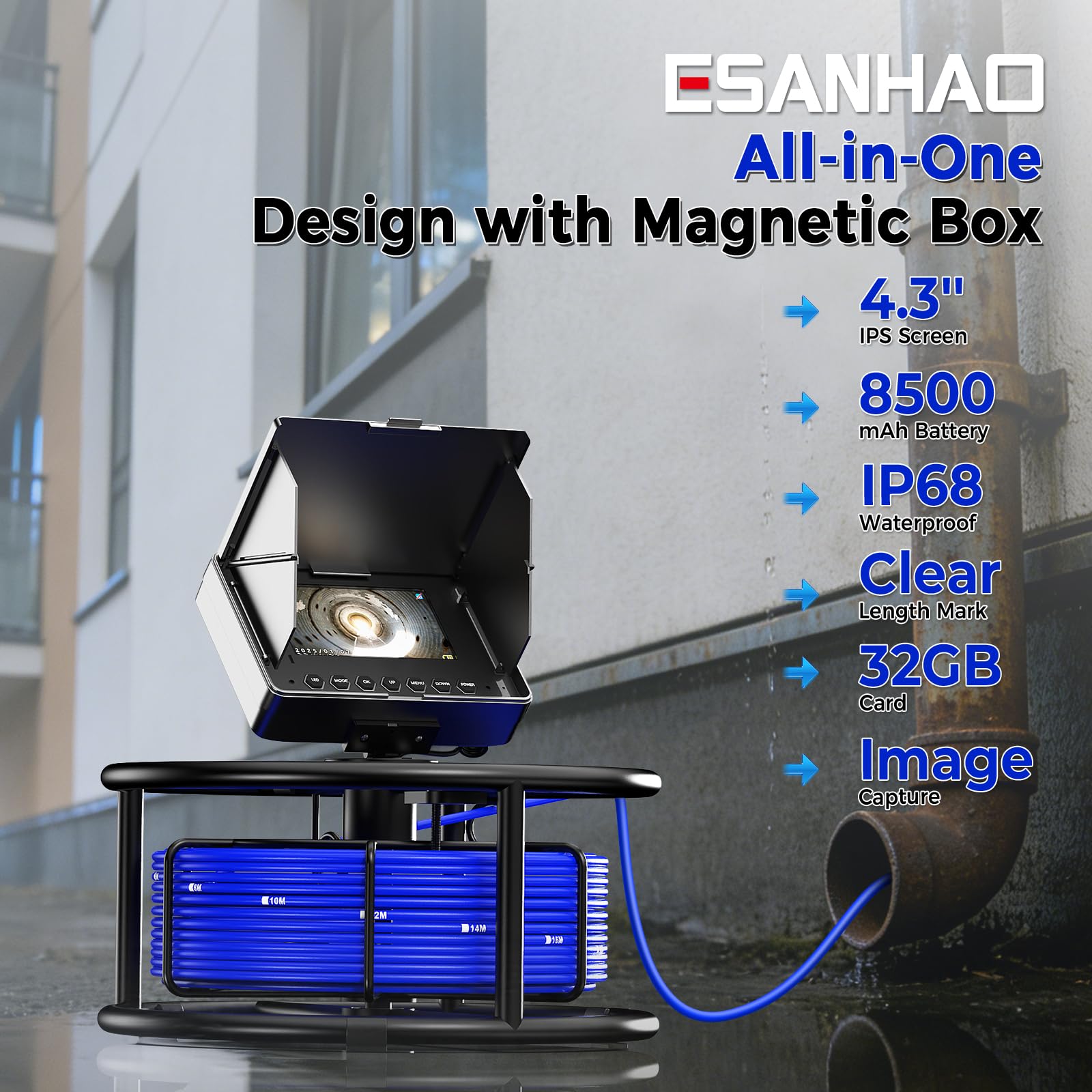 Telecamera di Ispezione 10m con DVR, Telecamera per Ispezione Tubi Fognature con Registratore Audio, Batteria da 8500mAh, 12 Luci Led Regolabili, Scheda da 32GB inclusa