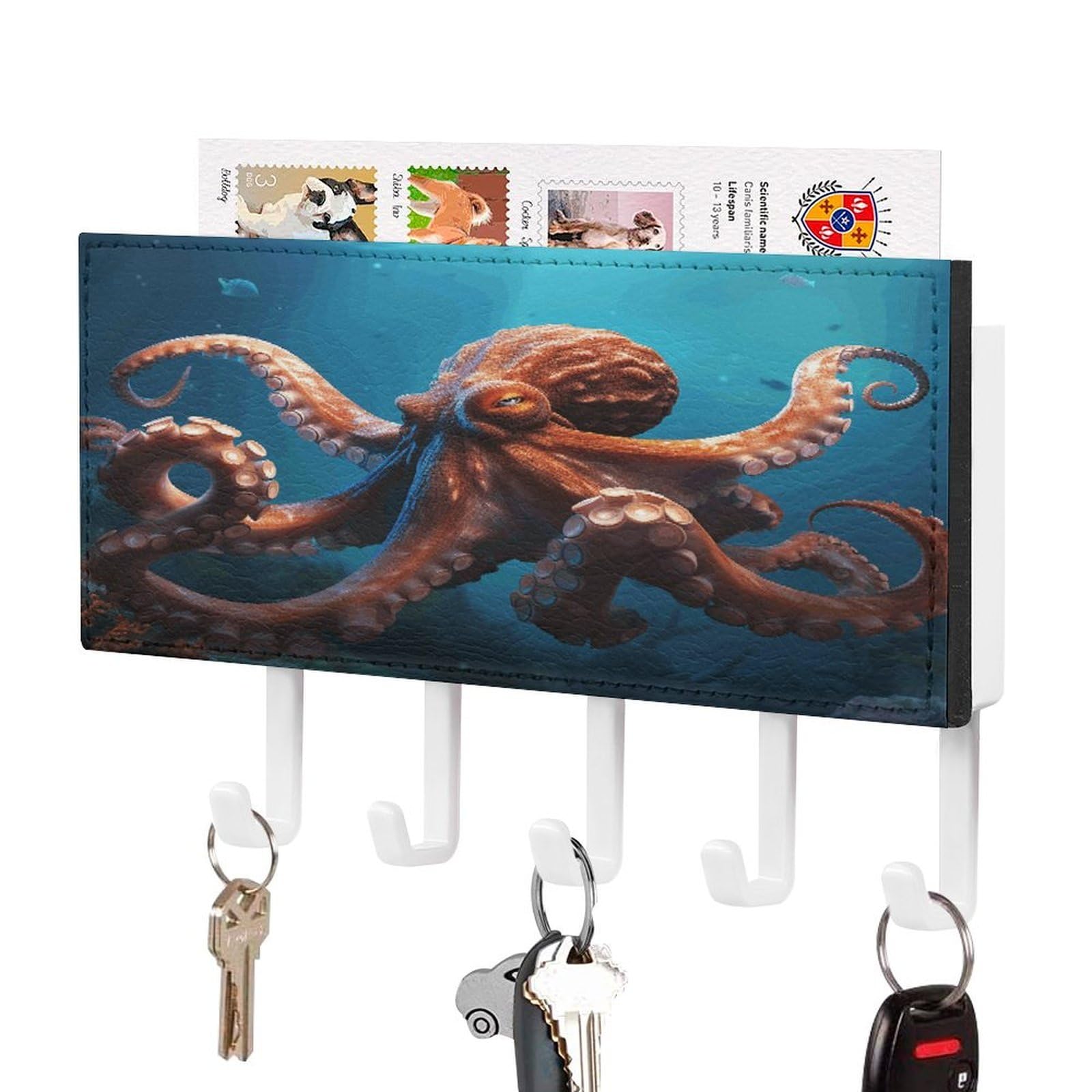 Ocean Animal Octopus Key Holder for Wall Mount Key Hooks Key Rack with Self Adhesive PU Key Hanger Personalized Key Organizer Rack with 5 Hooks for Hallway Door Entryway