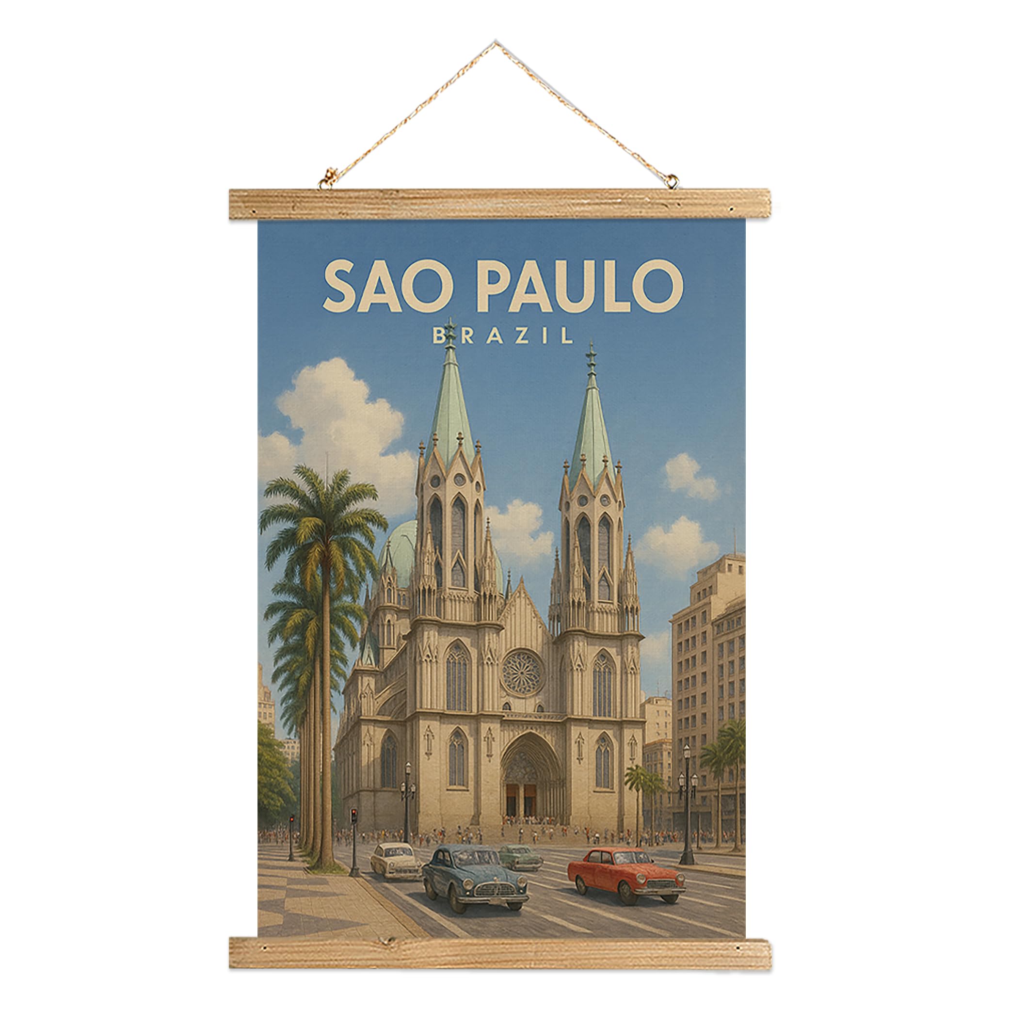 - WREVERW Vintage Sao Paulo Brazil Wall Art Poster, Cathedral Cityscape Canvas Hanging Scroll with Wooden Frame, Travel Decor for Living Room Bedroom Office, 16x23 Inch