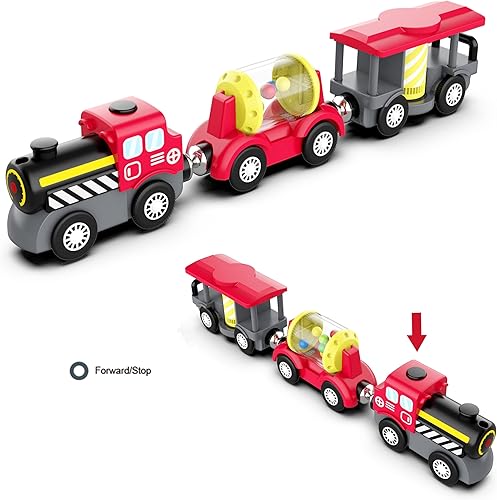 Miniatura 2 de Accesorios de madera para pistas de tren locomotora a pilas, juguete de tren magnético para niños pequeños, motor potente que celebra el tren, se