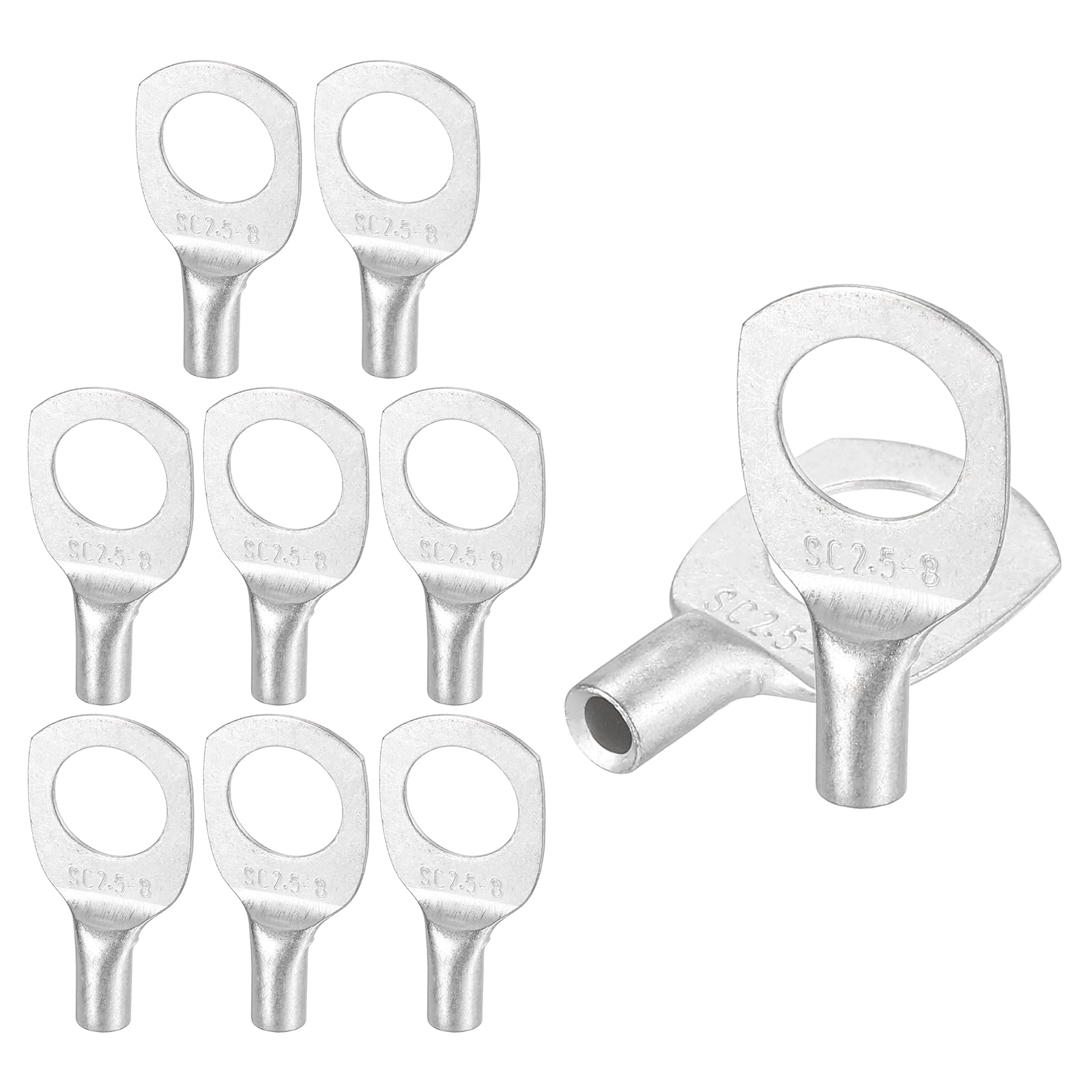 sourcing map 50 Pcs Tinned Copper Wire Lugs 16-14AWG 21/64" Wire Connectors Marine Grade Battery Cable Ends Ring Terminals SC2.5-8NH Battery Cable Lugs, Silver