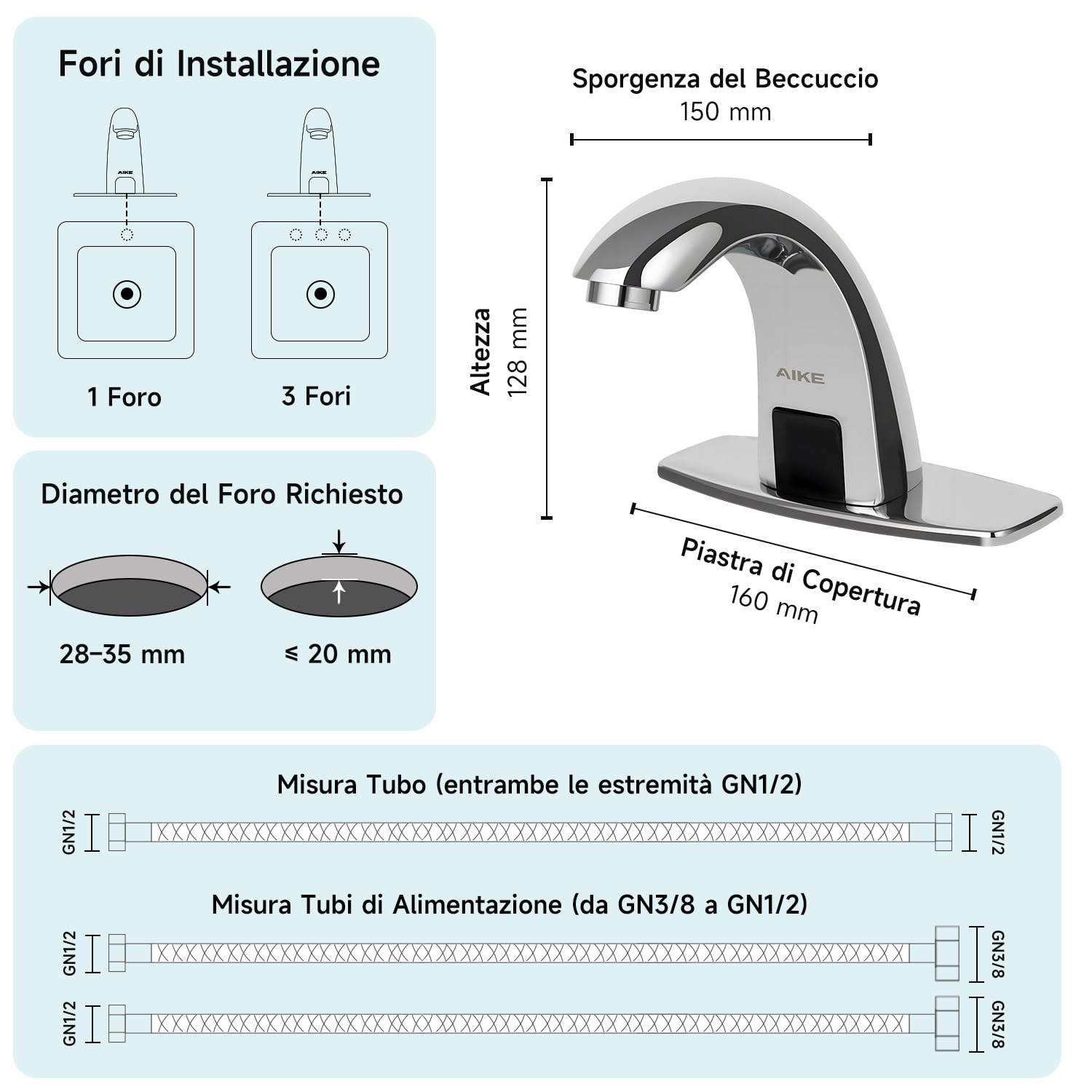 AIKE AK7500 Rubinetto Touchless Bagno, Rubinetto Automatico con Sensore Monoforo con Piastra di Copertura per Bagni Commerciali, Cromo