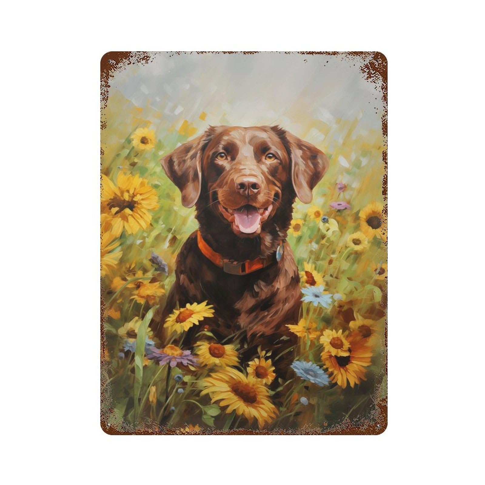 Vintage Rust Metal Sign Labrador in Sunflowers 15.7"x11.8", Decorative Metal Wall Art for Basement, Hobby Room And Garage Decor