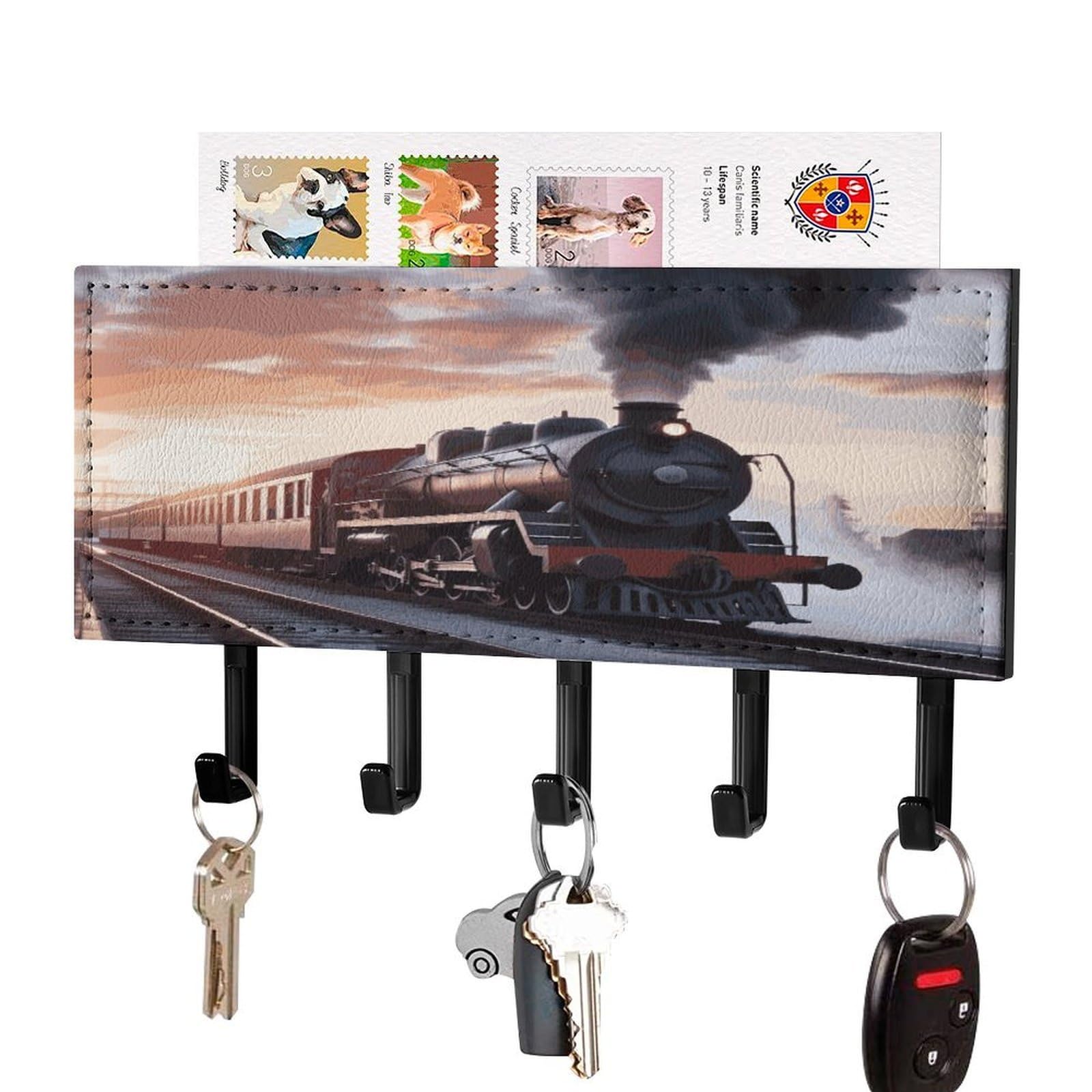 LDGSUPH Steam Train Depart Sunset Key Holder Wall Mount Key Hanger with 5 Hooks Fashion Key Organizer Rack Hanging Key Hooks with Mail Organizer Key Rack for Home Entryway Hallway Black-Style