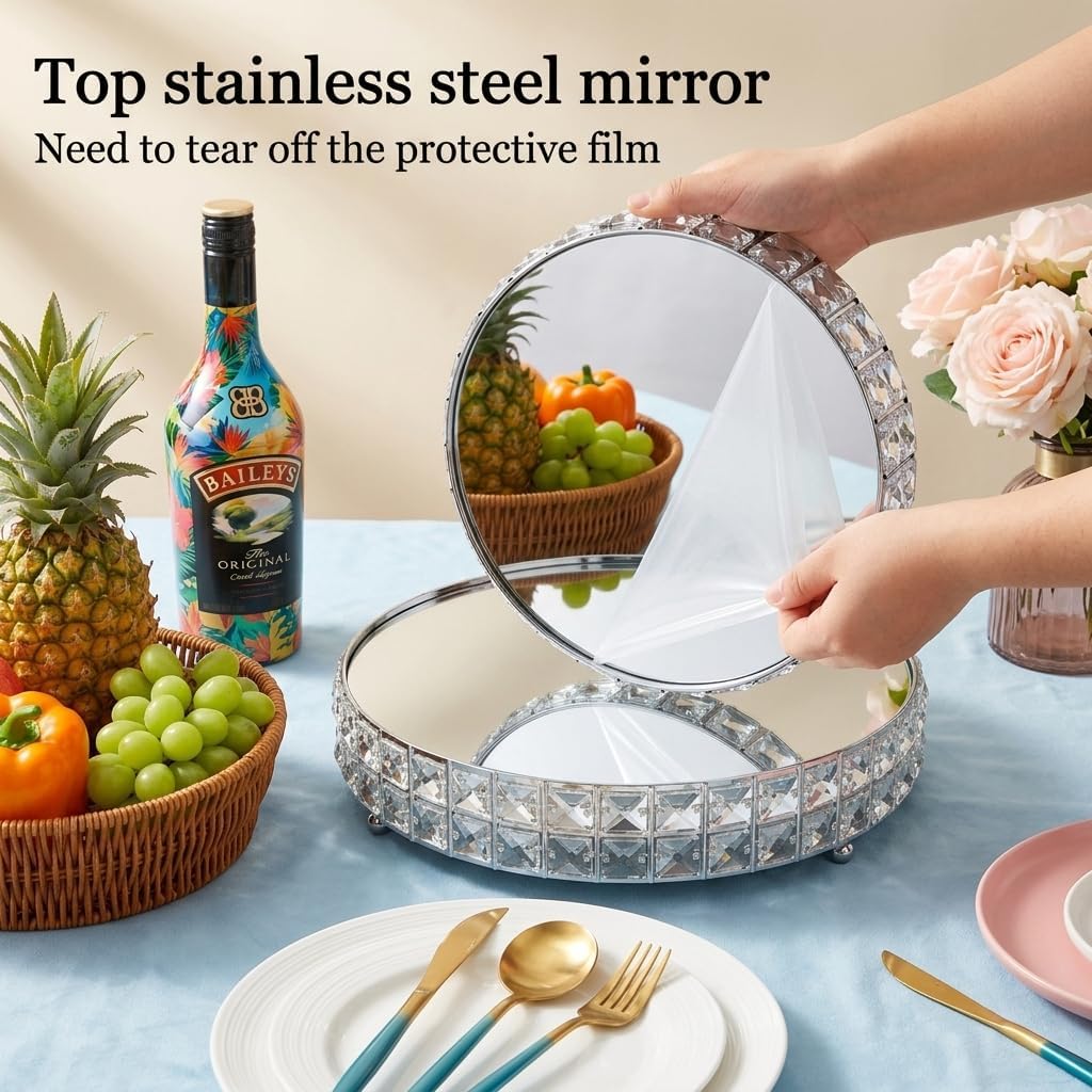 Goaste 2 Pack Silver Crystal Cake Stand Set with Mirror Top, 10" & 12" Round Metal Dessert Pedestal with Shining Crystal Edge, Elegant Cupcake Serving Tray Centerpiece for Wedding, Birthday Party