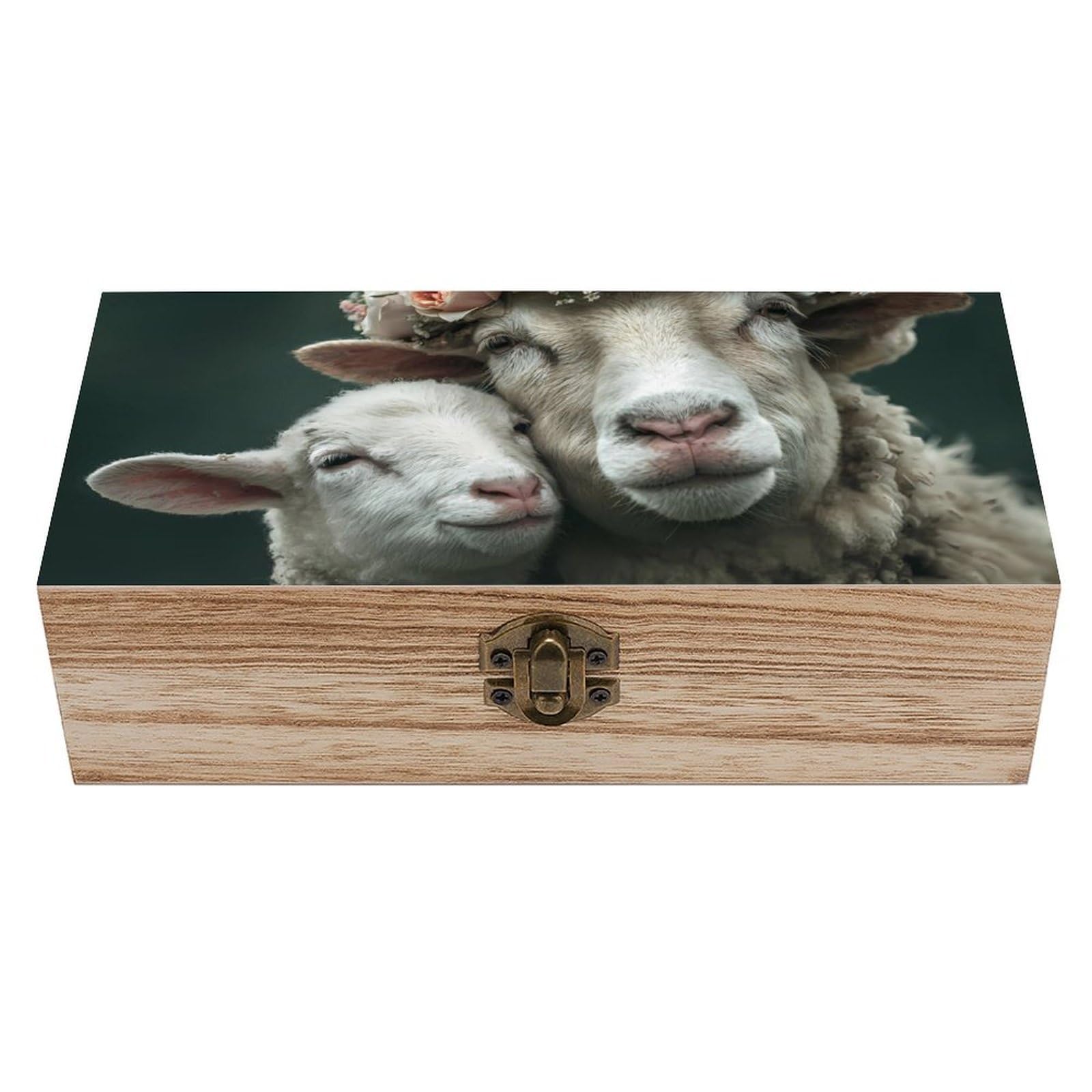 HLBSDM Cute Sheep with Floral Wooden Box with Hinged Lid Decorative Storage Case Container