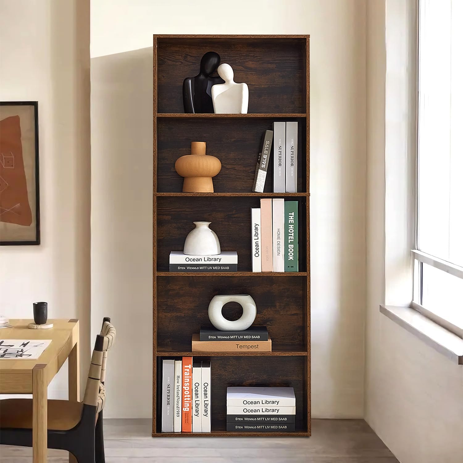 5-Tier Open Bookshelves and Bookcases, Farmhouse Bookshelf with Display Storage Shelves, Wooden Bookcase for Living Room, Home Office, Bedroom, Brown