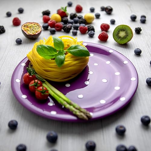 Miniatura 4 de Juego de vajilla hecha a mano de cerámica de lunares morados y blancos de 12 piezas | Vajilla de cerámica para 4 | Platos llanos | Platos laterales